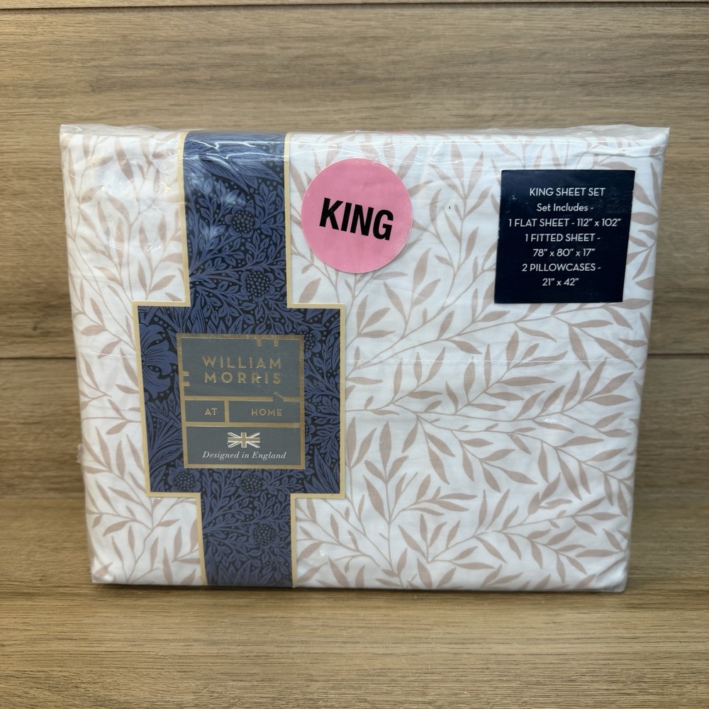 WILLIAM MORRIS KING Cotton Percale Sheet Set Leaf Plaster Tan Floral Cottage